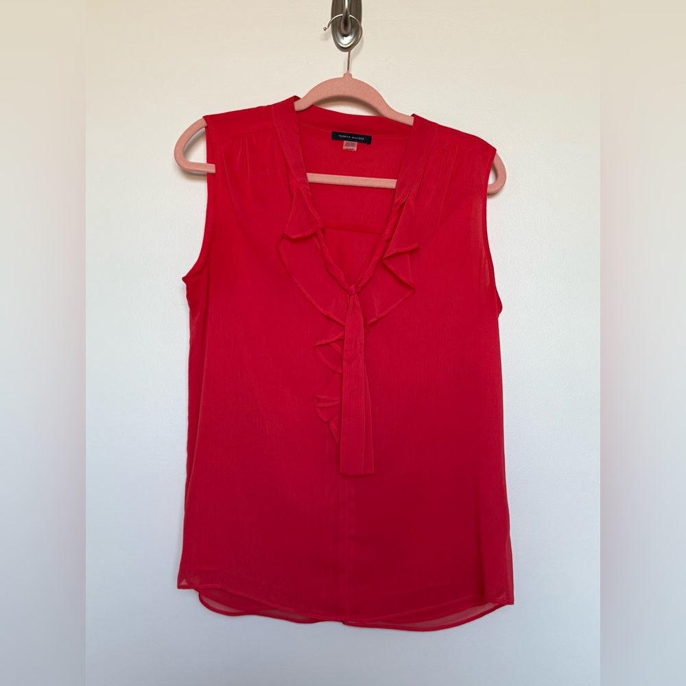 Tommy Hilfiger V-neck Sleeveless Blouse with Tie Front and Ruffled Details
